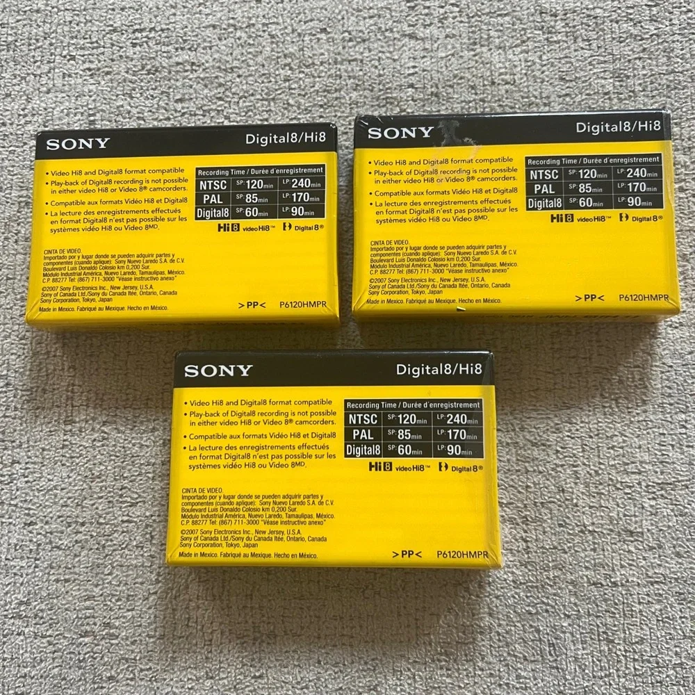 3 Pack Sony Hi8 HMP 120min Metal Particle Video Cassette Tape Digital8 P6120HMPR